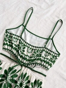 Dreamara 大码女式绿色热带花卉印花镂空系带腰部 A 字中长吊带连衣裙，度假装 - 綠色 - 查看 3