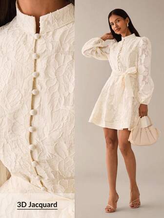 Lilora Elegant Sweet Jacquard Texture Premium Quality Stand Collar Cinched Waist Big A-Line Front Button Puff Lantern Sleeve Short Women's Dress, Spring/Summer Creme Dress Victorian Vintage Style Dress French Style Dress Ivory Dress Urban Style