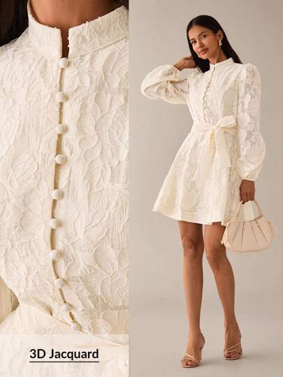 Lilora Elegant Sweet Jacquard Texture Premium Quality Stand Collar Cinched Waist Big A-Line Front Button Puff Lantern Sleeve Short Women's Dress, Spring/Summer Creme Dress Victorian Vintage Style Dress French Style Dress Ivory Dress Urban Style