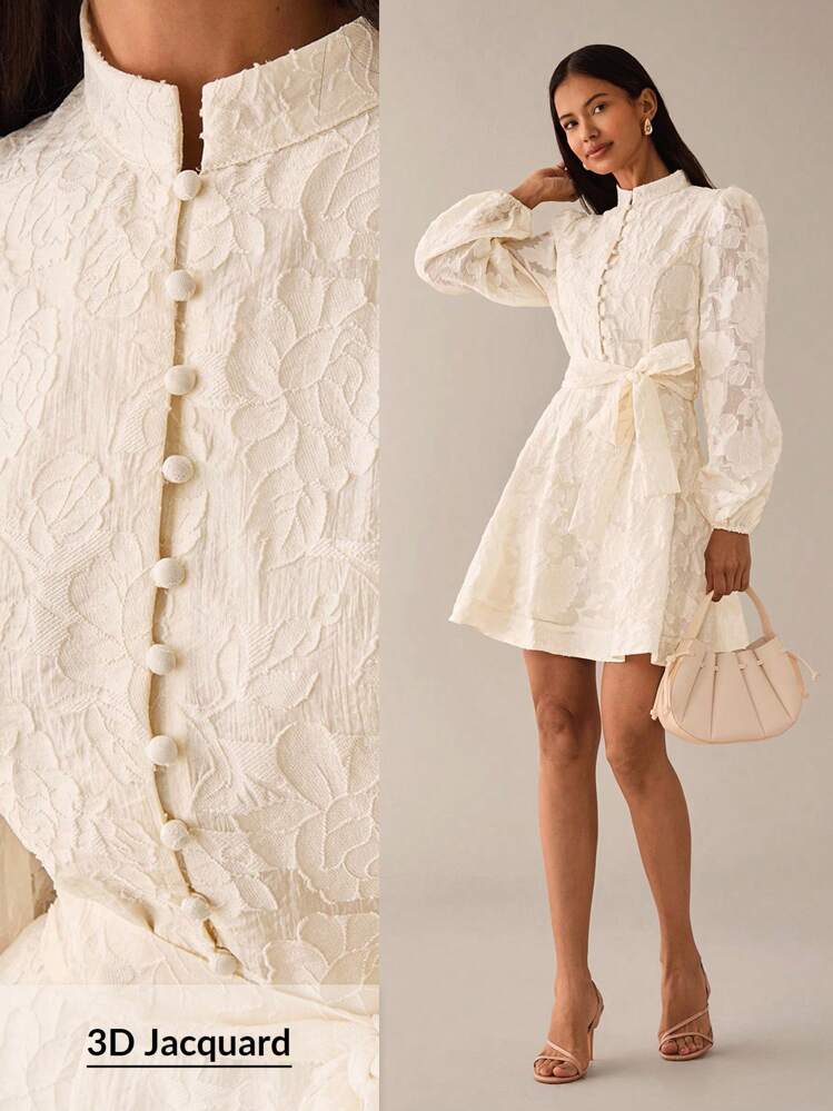 Lilora Elegant Sweet Jacquard Texture Premium Quality Stand Collar Cinched Waist Big A-Line Front Button Puff Lantern Sleeve Short Women's Dress, Spring/Summer Creme Dress Victorian Vintage Style Dress French Style Dress Ivory Dress Urban Style - Beige - View 1