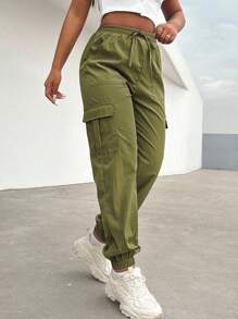 Zolique 女士休闲百搭纯色工装裤 - 橄欖綠 - 查看 3