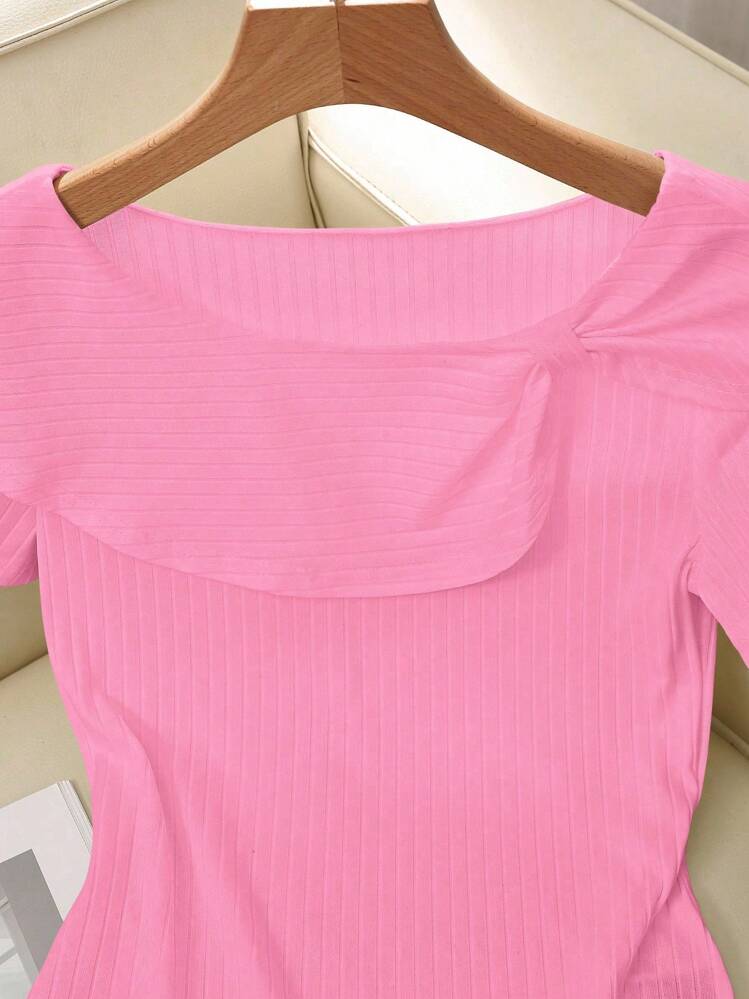 SHEIN Clasi Women Solid Color Twist Design Short Sleeve Ribbed Fashionable T-Shirt - Pink - View 3