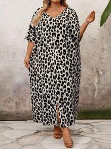 SHEIN CURVE+ Vestido casual suelto de unicolor con cuello en V y manga larga, parches, talla grande, Vestido de leopardo de talla grande, Vestido de animal de talla grande, Vestido de verano de talla grande, Vestido de leopardo de talla grande