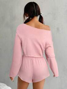 SHEIN 青少年女孩两件套 - 纯色长袖套头连帽衫和松紧腰短裤 - 粉色 - 查看 2