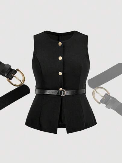 SHEIN MOD Black Metal Buckle Accent Waist Belt Plus Size Women Top,Summer Smart Casual Office Formal Commute,Versatile Date School Classy Work Shirts