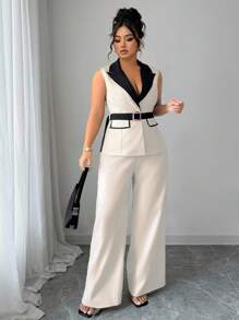 Elenzga A Two Pieces Set Of Elegant Summer Commuting Style For Plus-Size Ladies - Apricot - View 6