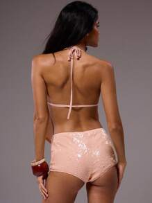 MUSERA Áo sequin cổ yếm, vạt chữ V, phong cách lễ hội Ibiza, tiệc tùng, cô gái cá tính, mùa thu, xuân, hè. - Màu Hồng baby - Xem 2