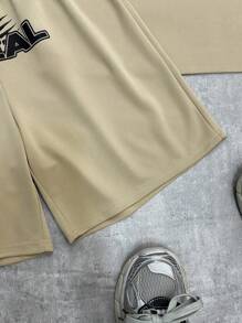 SHEIN 2pcs Casual Teen Boy Short Sleeve Top And Shorts Set, Street Punk Rock College Style For Daily Wear, Party, Music Festival, Spring/Summer - Khaki - View 6