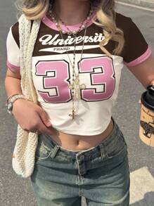 INAWLY T-shirt ajusté à manches courtes pour femmes avec imprimé lettres et chiffres en couleurs contrastées