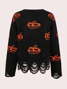 EMERY ROSE Pulover scurt supradimensionat de Halloween, mărime plus, cu design la margini zdrențuite, model de dovleac care adaugă o notă de mister hainei - Multicolor - Vizualizare 2