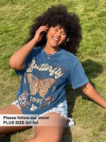 SHEIN EZwear Plus Size Acid Washed Look Vintage Knitted Distressed Loose Fit Knit Butterfly Cartoon Pattern Short Sleeve T-Shirt - Blue - View 1