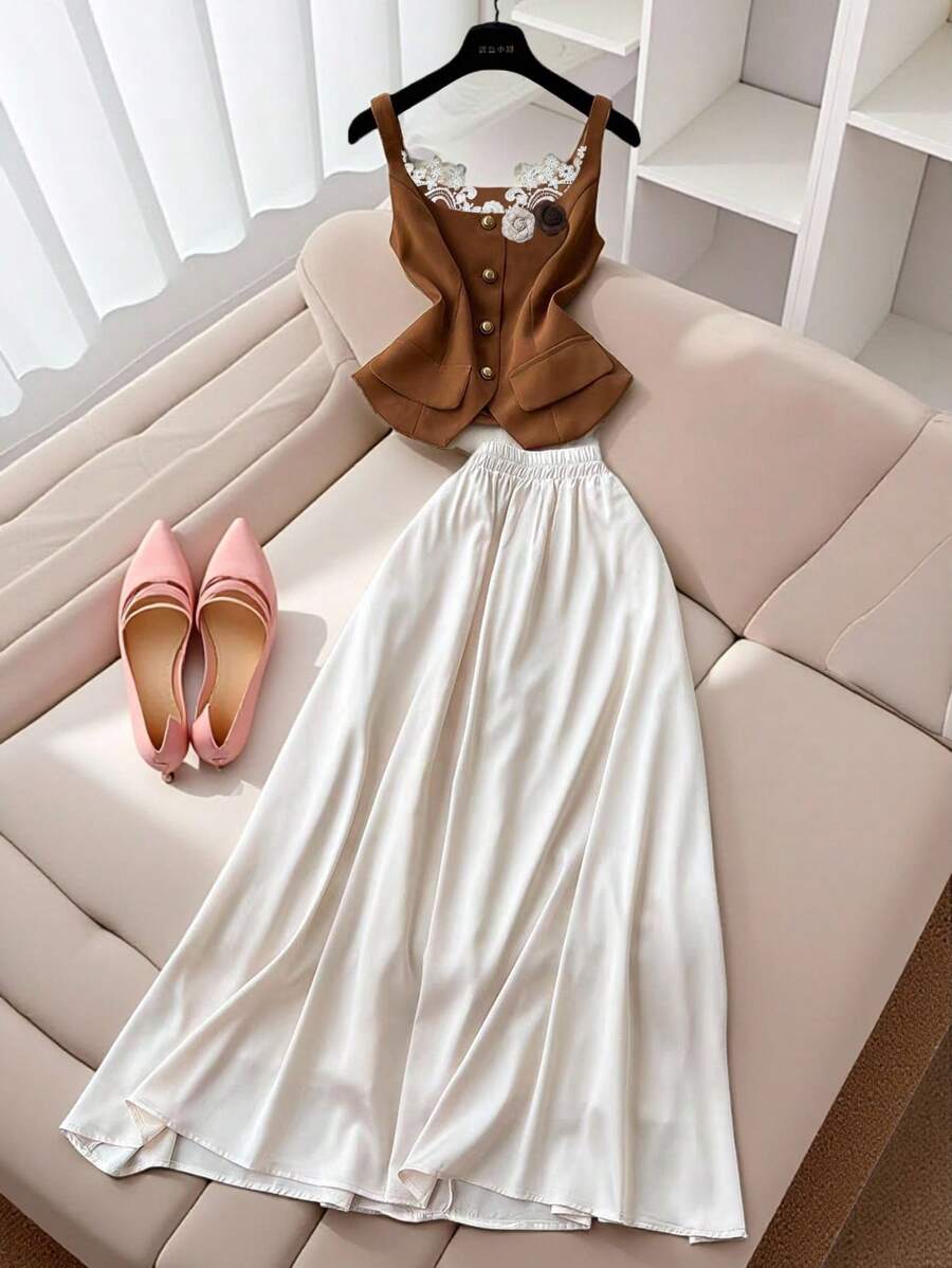 Franclia 2pcs/Set Ruffle Trim Fitted Sleeveless Tank Top And Floral Embroidery Mini Skirt, Casual Outfit - Brown - View 1