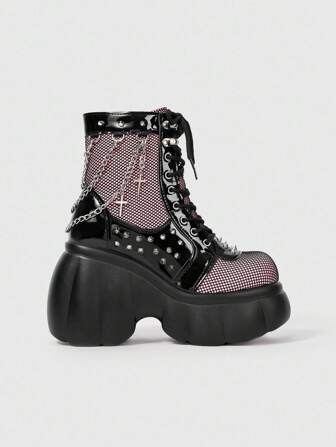 Grunge Punk Women's Black & Pink Colorblock Round Toe Platform Wedge Heel Gothic Punk Dark Rivet Chain Short Boots