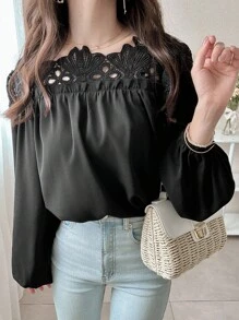 FRIFUL Women's Black Contrast Lace Gathered Cuff Loose Casual Versatile Blouse, Autumn Long Sleeve Top