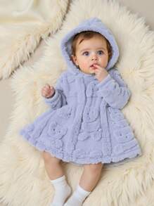 SHEIN 女宝宝休闲可爱保暖羊毛连帽连衣裙，适合秋冬季外出 - 淺藍色 - 查看 1