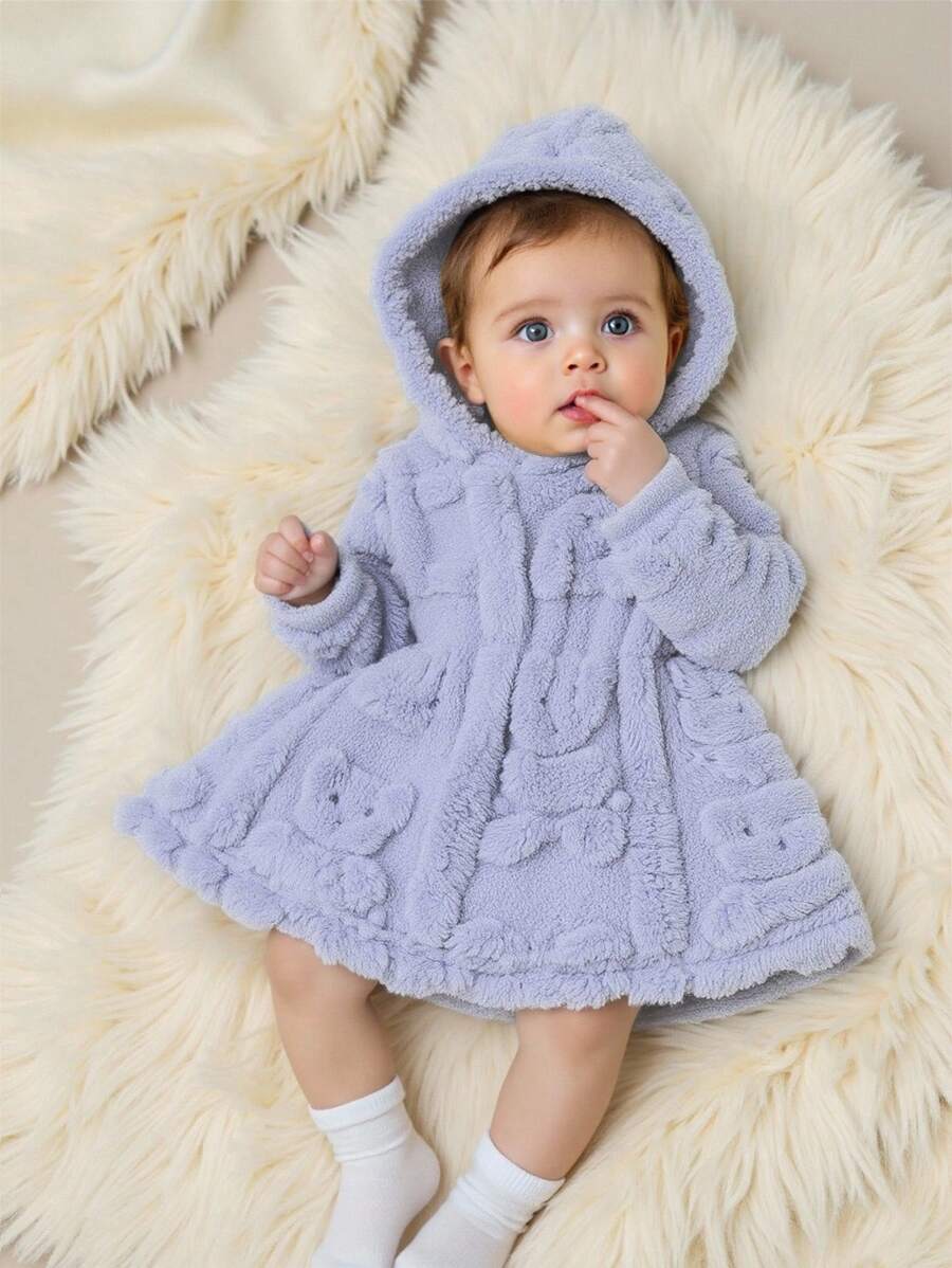 SHEIN 女宝宝休闲可爱保暖羊毛连帽连衣裙，适合秋冬季外出 - 淺藍色 - 查看 1