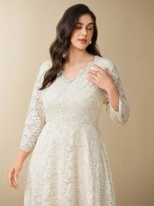 Flouryn Đầm Maxi Ren Cổ Chữ V Tay Dài Cỡ Lớn Ôm Eo Kiểu Chữ A, Viền Ren Thường Ngày - Màu be - Xem 5