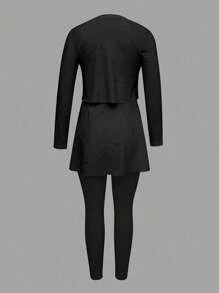 Swim Shayni 女式两件套纯色圆领长袖分层连衣裙，含全覆盖裤子，适合海滩度假穿着 - 黑色 - 查看 5