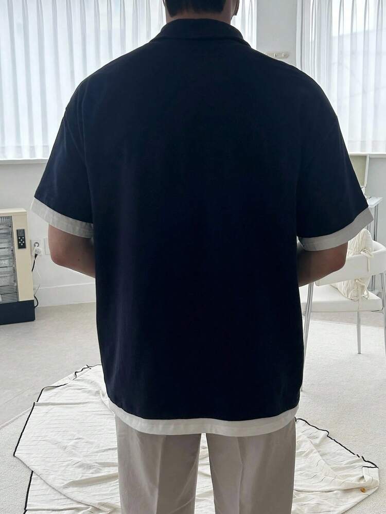 Men's Polo Shirt With Color Blocking, Patchwork Design And Label In Summer Business Attire