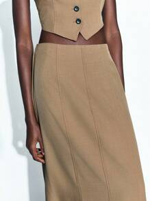 Maija Women's Solid Color Lapel Collar Single-Breasted Cropped Vest & Skirt Casual 2 Pieces Set Khaki Teacher Outfits Fall Clothes For Women - Khaki - View 8