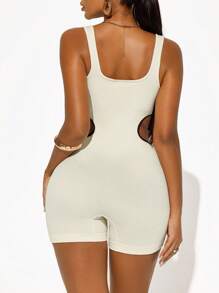 Sirith Seamless Solid Color Hollow-Out Waist Contrast Color Tight Jumpsuit - Beige - View 2