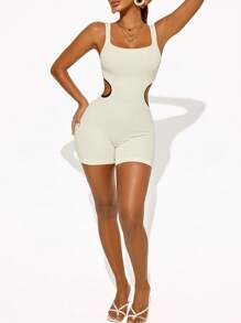 Sirith Seamless Solid Color Hollow-Out Waist Contrast Color Tight Jumpsuit - Beige - View 5