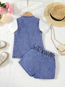 2pcs Set Young Girls Denim Jacket With Collar & Ruffle Waist Denim Shorts - Medium Wash - View 2