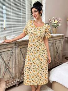 CottageSlumber 女式宽松短袖罗纹针织迷你卷边睡袍，Moo Moo 睡裙 - 黃色 - 查看 6