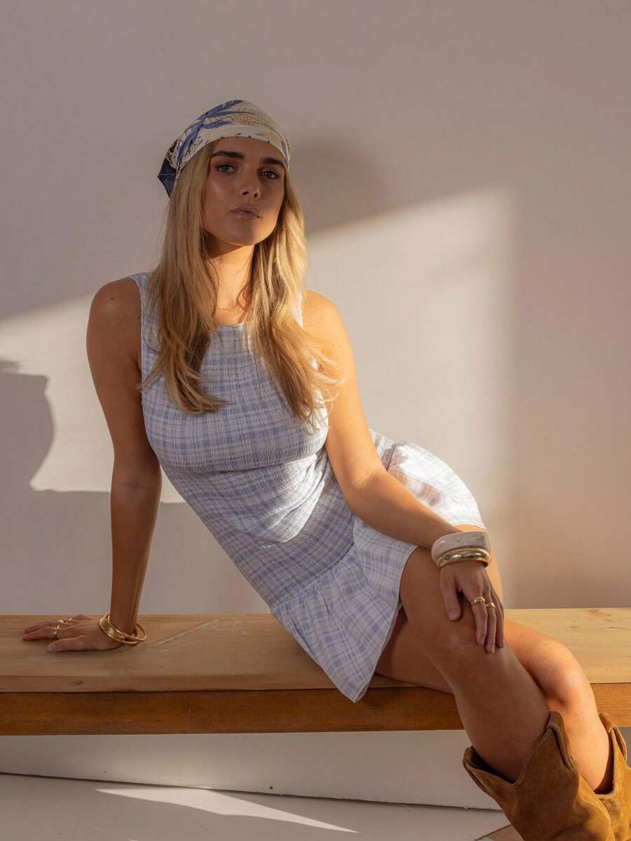 Aralina Summer / Fall Restort Beach Vacation Ruched Plaid Check Dropped Waist Mini Dress Country Concert Outfit - Baby Blue - View 1