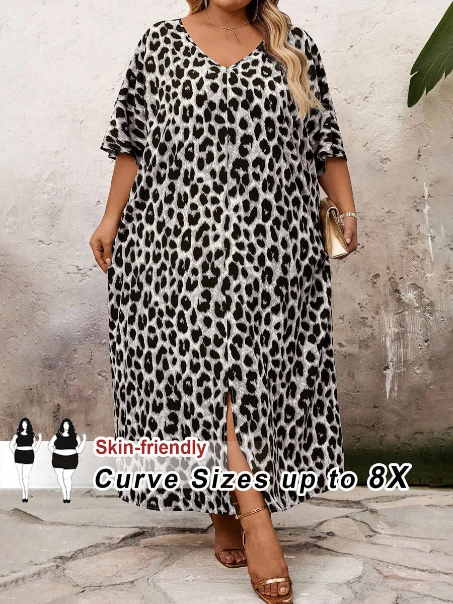 SHEIN CURVE+ Vestido casual suelto de unicolor con cuello en V y manga larga, parches, talla grande, Vestido de leopardo de talla grande, Vestido de animal de talla grande, Vestido de verano de talla grande, Vestido de leopardo de talla grande