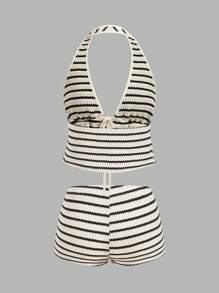 SHEIN PETITE Elegant Cute Striped Bow Print Simple Commuting & Home Office Versatile Shirt And Straight Leg Pants Set,Summer Sets