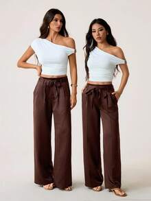 SHEIN Tall 女式休闲百搭纯色直筒正装裤 - 棕色 - 查看 9