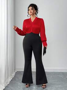Elenzga 2pcs Set Plus Size Women Satin Long Sleeve Top And Bell-Bottom Flare Pants Fall Cloth For Women - Multicolor - View 1