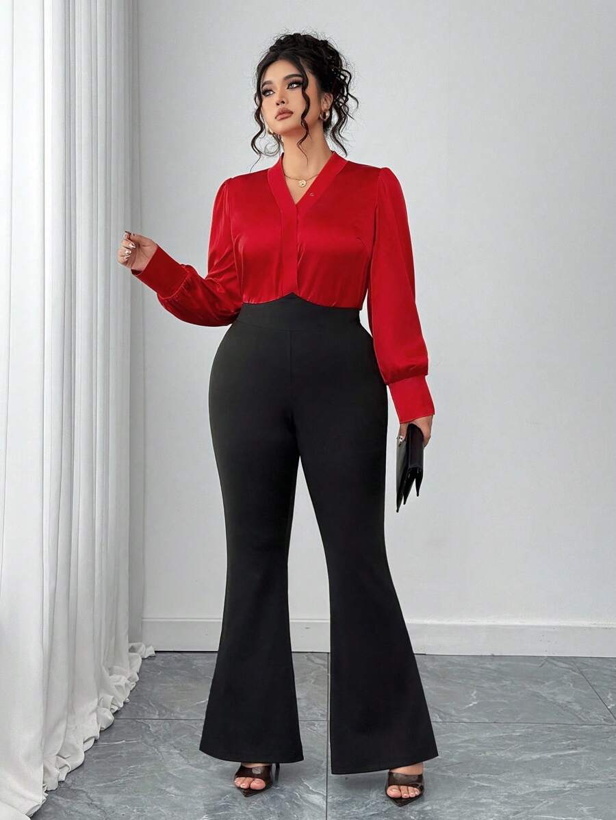 Elenzga 2pcs Set Plus Size Women Satin Long Sleeve Top And Bell-Bottom Flare Pants Fall Cloth For Women - Multicolor - View 1