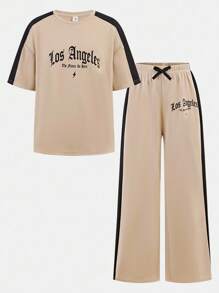 Tween Girl Loose Casual Comfy Pullover Colorblock T-Shirt And Pants Set