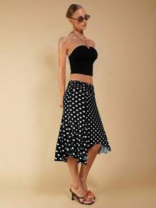 COSMINA 女士波尔卡圆点印花不对称下摆时尚半身裙（四季款）、Y2K 女装、波西米亚风女装、女士演唱会服装 - 杏色 - 查看 3