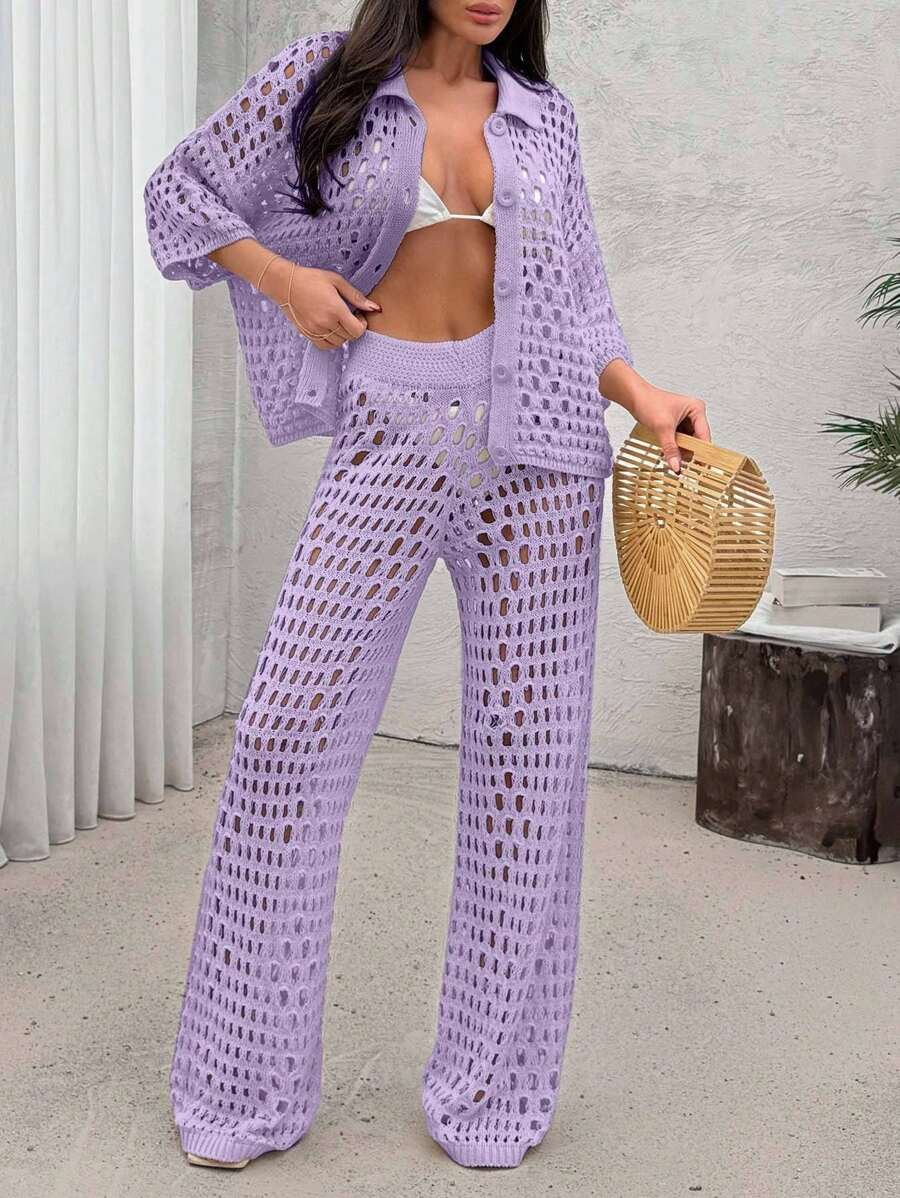 EURMUSE Women Hollow Out Cut Out Button Front Knit Shirt Top And Sweater Pant 2pcs Set Co-Ords Cover Up Beach Set - Lilac Purple - View 1