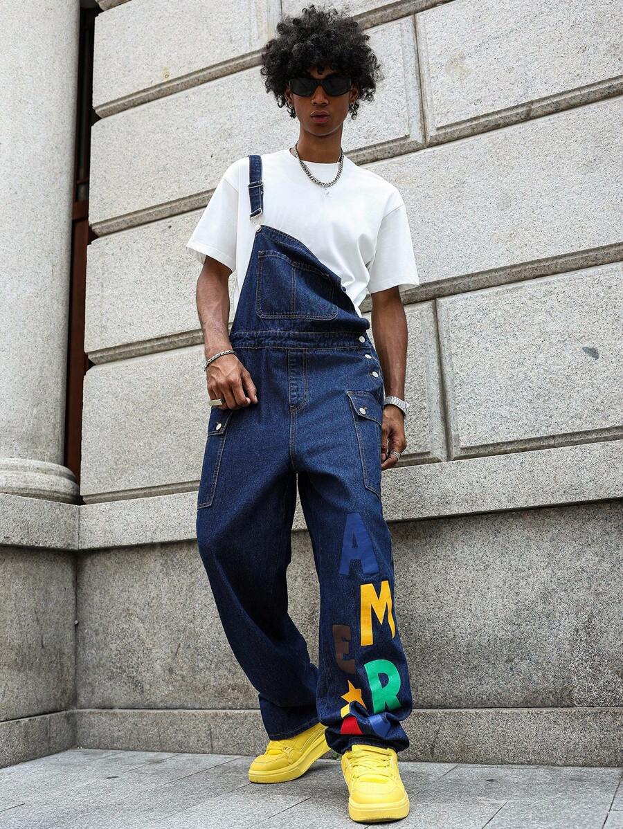 PAVTROS 男士休闲街头字母印花翻盖口袋牛仔背带裤 - 中等水洗藍 - 查看 1