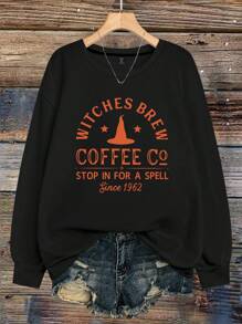EMERY ROSE Plus Size Sweatshirt For Women Orange Coffee Letter Print Casual Sweatshirt Fall Fashion Clothes Pullover Winter Autumn - Black - View 1