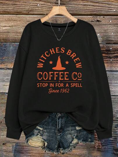 EMERY ROSE 大码女式运动衫橙色咖啡色字母印花休闲运动衫秋季时尚服装