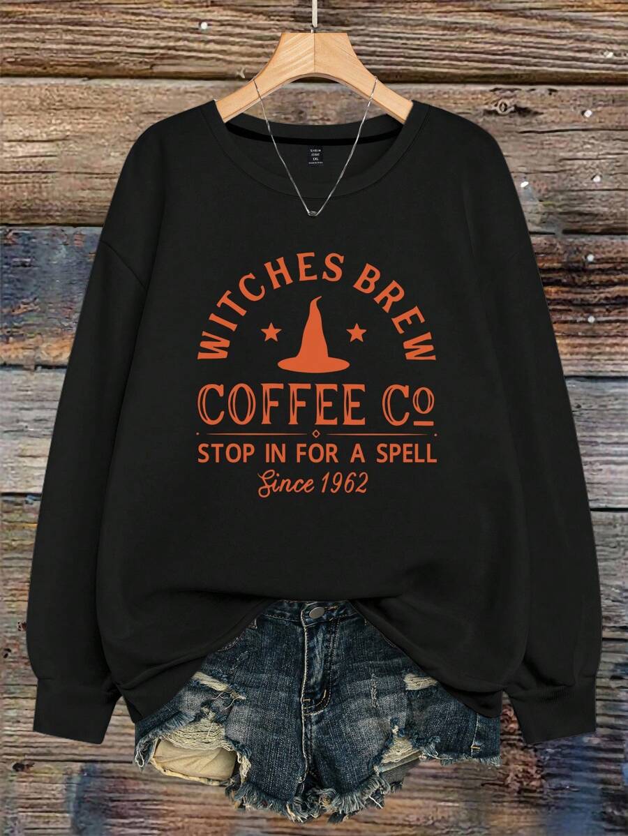 EMERY ROSE Plus Size Sweatshirt For Women Orange Coffee Letter Print Casual Sweatshirt Fall Fashion Clothes Pullover Winter Autumn - Black - View 1