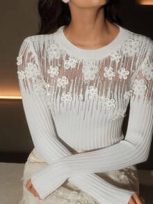 Anewsta Elegant French Luxury Beaded 3D Floral Rhinestone Decorated Sexy Crew Neck Sweater - White - View 3