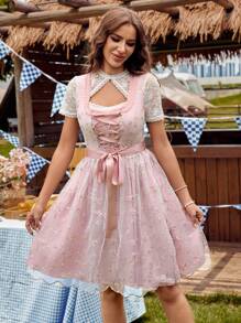 LanaWest 方领编织缎带网眼刺绣围裙连衣裙，春夏，连衣裙