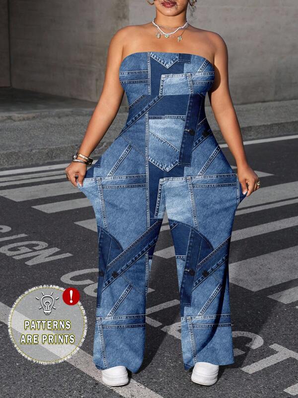 Dripcurv 1pc Plus Size Women Denim Print Strapless Jumpsuit, Comfortable Casual, Suitable For Summer