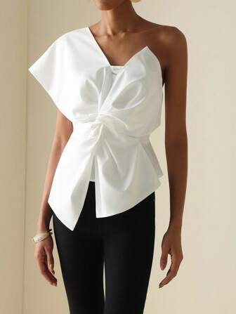 Vesra 夏季时尚优雅纯色扭纹单肩衬衫