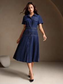 Anewsta 女士时尚休闲百搭收腰褶皱复古牛仔连衣裙