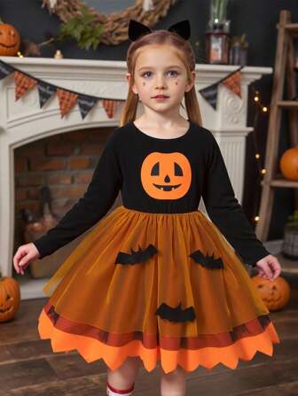 SHEIN Persoplay Kids Girls Toddlers Pumpkin Head Print Asymmetrical Shark Teeth Hemline Double Layer Tulle Bat Decor Cute Halloween Dress, Autumn/Winter Girls Halloween Dress Halloween Dress For Girls Pumpkin Dress For Girls Kids Halloween Costume Bat Dress For Girls