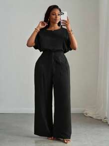 Slaydiva 2pcs Plus Size Women Set,Black,Autumn,Smart Casual,Everyday Loose Drop Shoulder Crop Top,Drawstring Hem,Wide Leg Pants With Pockets,Business Casual - Black - View 7