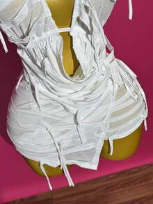 Slaydiva 2025 New Summer Birthday Party, Back-To-School, Student Daily, Casual, Vacation, Cruise, Beach, Sundress Sexy Open Back Tie-Up Women 2-Piece Set With Asymmetrical Hem Skirt/Shorts, Tassel Distressed Fabric Y2k - White - View 3