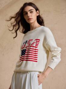 Briarwyn 7月4日美国国旗图案女士宽松圆领长袖休闲毛衣，秋季女装，复古风格女装，度假风 - 杏色 - 查看 6